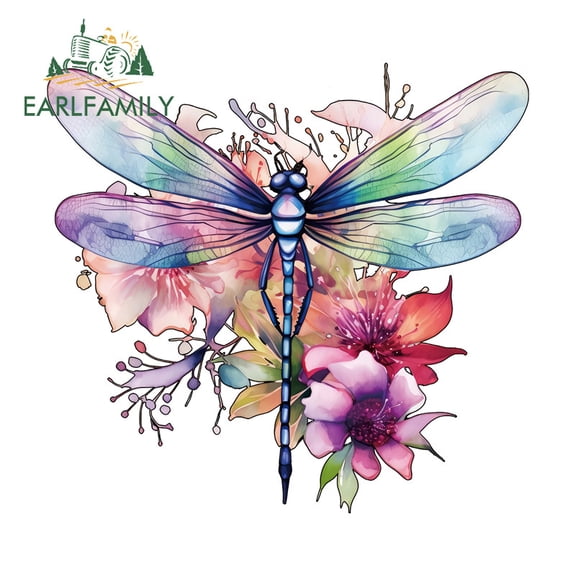 EARLFAMILY 5.1" Dragonfly with Flower Car Stickers Waterproof Scooter Windows Motorcycle Helmet DIY Decal Personality Scratch-Proof Car Accessories
