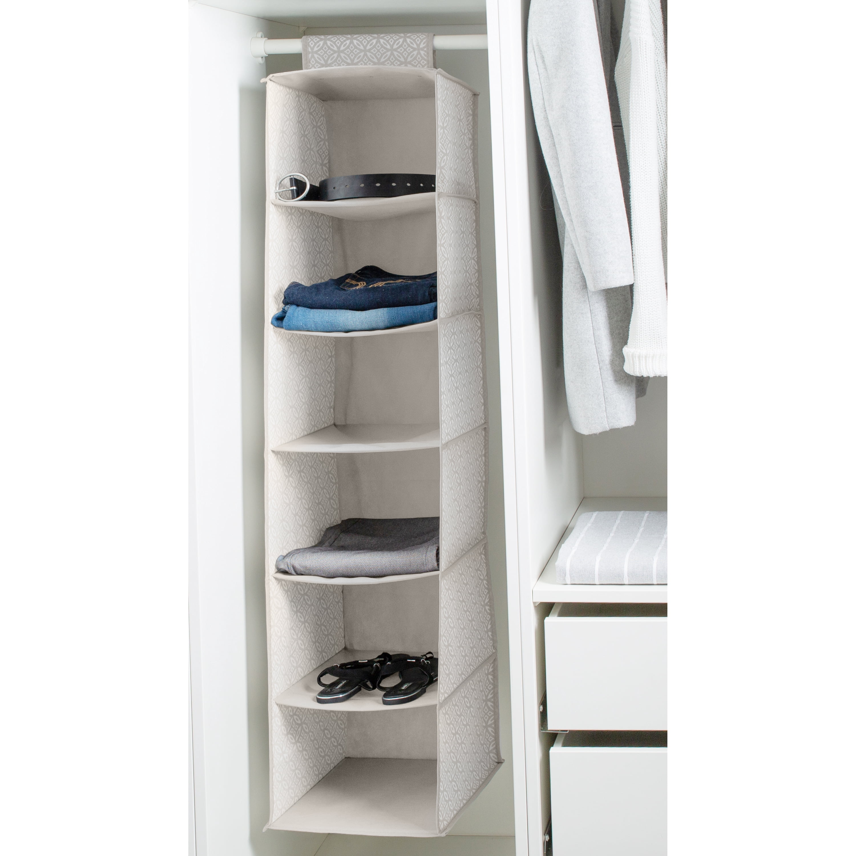 Simplify 6 Shelf Boho Fabric Hanging Closet Organizer in Grey