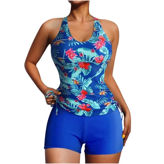Utoimkio Plus Size Tankini Bathing Suits for Women V Neck Two Piece Swimsuits Floral Print Tank Top with Boyshorts Tummy Control Swimming Suits
