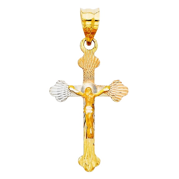 14k Tri-Color Gold Christ Crucifix Catholic Medallion Pendant Diamond-Cut Charm Jewelry Female