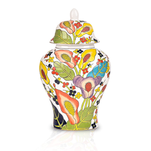 Sungmor Frasco decorativo de cerámica con tapa, frasco de porcelana con patrón floral, florero pintado a mano de 14" para centro de mesa, florero blanco esmaltado para arreglos y decoración del hogar
