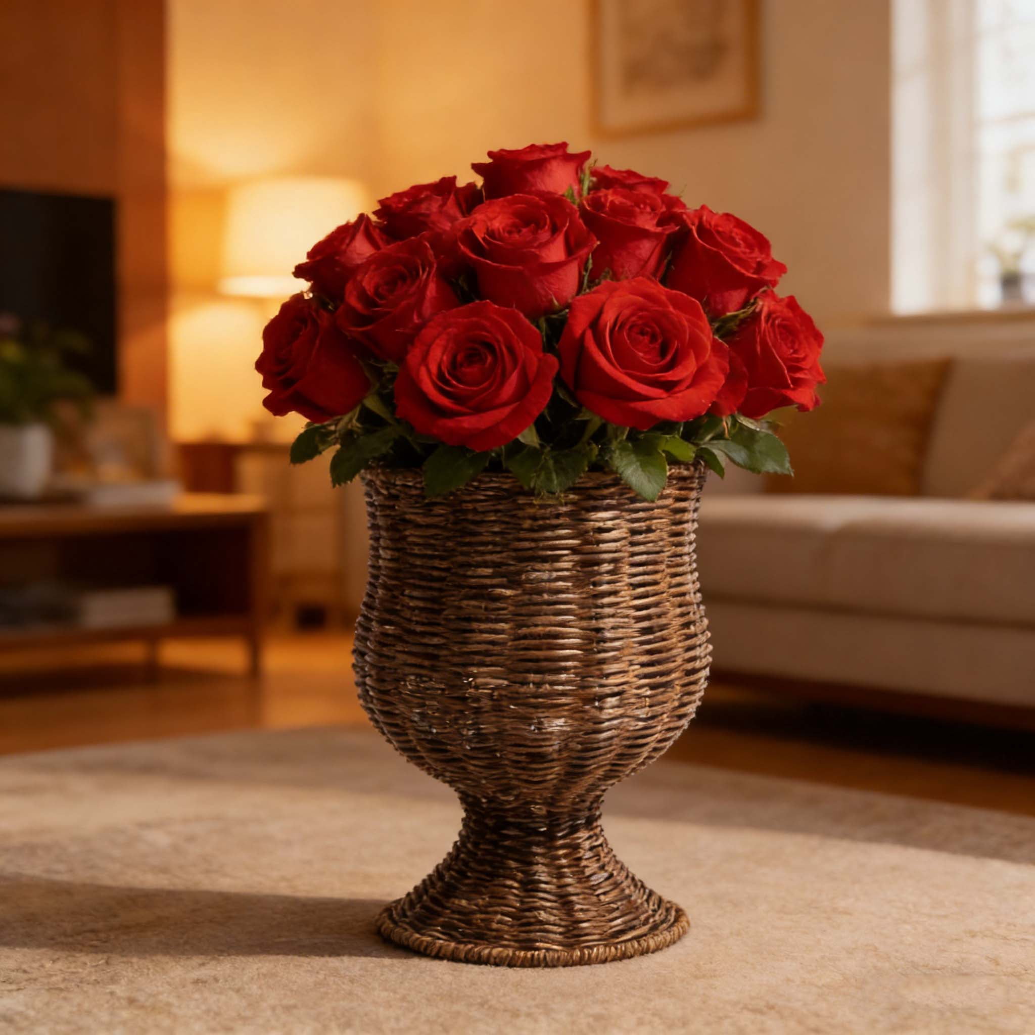 WKSCLPAI Artisanal Handwoven Rattan Planter, Goblet Urn Shape 11*8" Brown, Spring Home Flower Pot, Elegant Hourglass Silhouette, Stable Base, Versatile for Entryway/Dining Table Decor