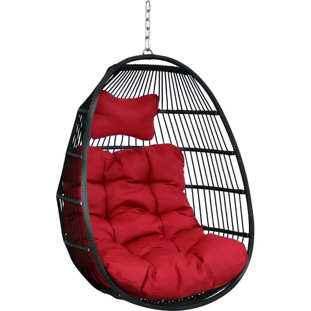Sunnydaze Balançoire de Patio Extérieure en Résine Osier Julia Panier Suspendu Fauteuil Oeuf avec Coussins et Appuie-Tête - Rouge - 2 Pcs