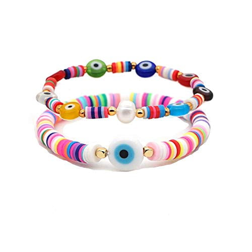 2Pcs/Set Arc en Ciel Perles d'Argile Mauvais Oeil Bracelets Ensemble Empilable Perles Tissés à la Main Bracelet Coloré Surfeur d'Été Superposition Bijoux d'Amitié pour Femmes Hommes Filles Garçons Cadeau de Plage