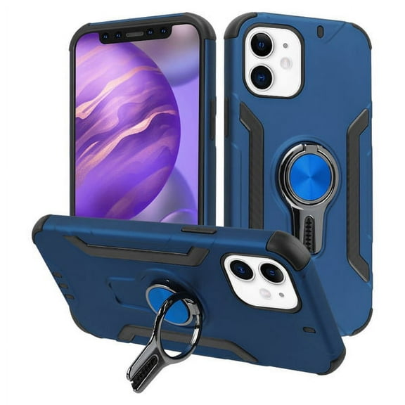 Apple iPhone 12 MINI /5.4" Ring Stand Hybrid Rugged Heavy Duty Armor 2 layers with Car Air Vent Grip Mount Rotation Ring Holder fit Magnetic Car Mount [Blue] Phone Cover Fit iPhone 12 Mini