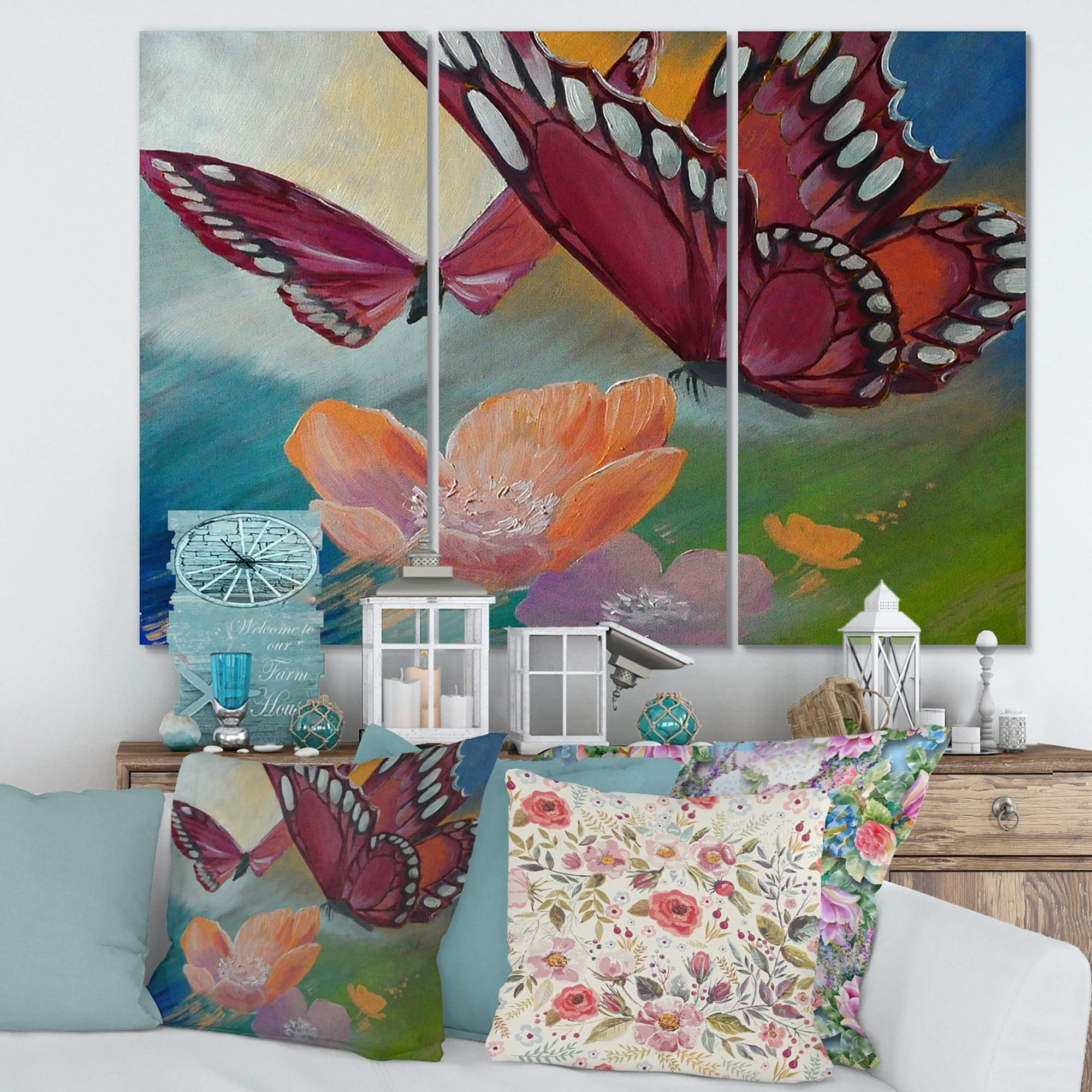 Designart ' Butterflies On Pink Flowers ' Traditional Canvas Wall Art Print