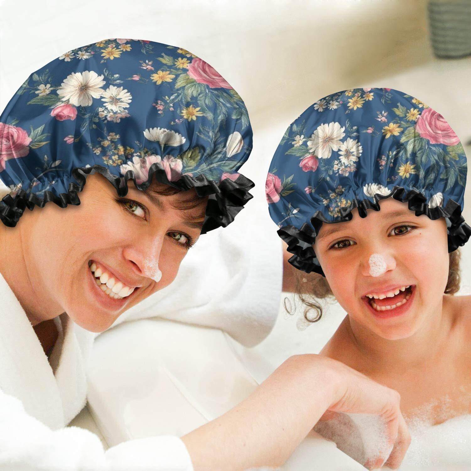 Shower Caps,Pioneer Flower Floral Print Pattern Waterproof Shower Cap for Women 4 Pieces,Double Reusable Hair Cover for Shower PEVA Elastic Stretch Hem