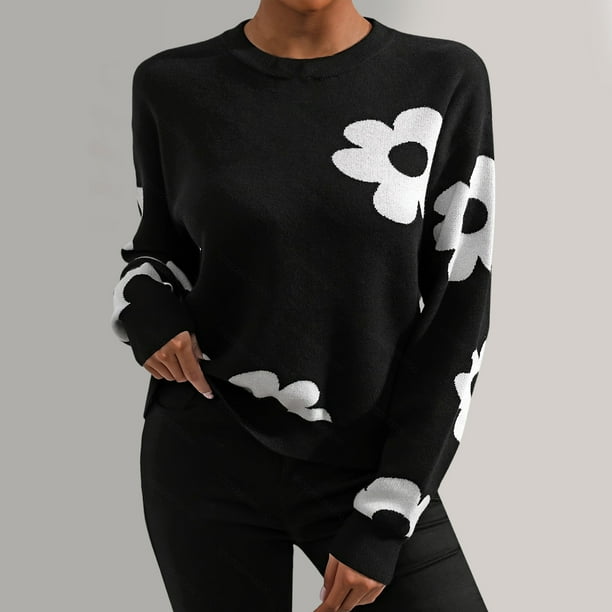 Suéter de cuello redondo para mujer, suéter con estampado floral, blusa de punto de manga larga y cuello redondo para mujer