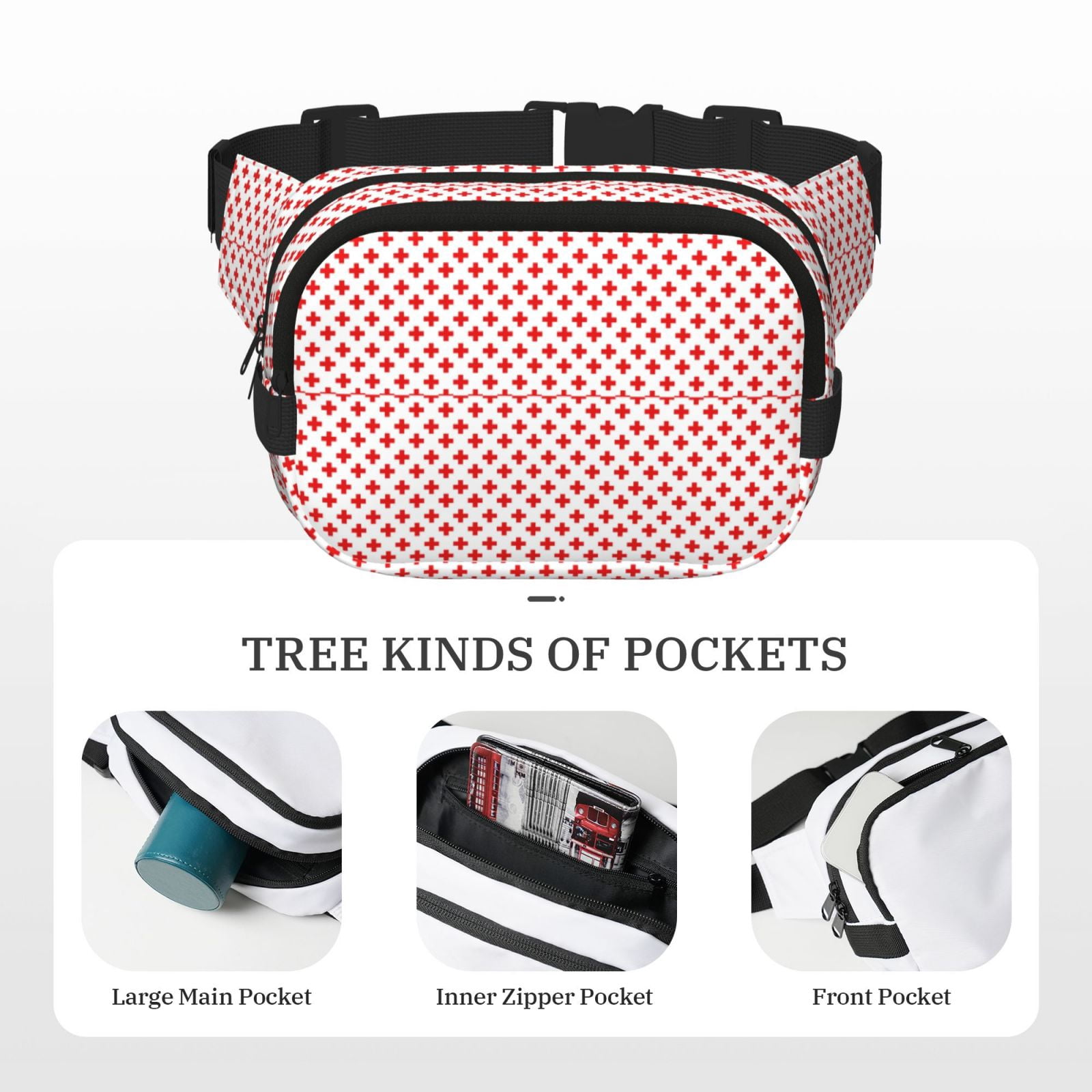 Fuzoiu Red Cross Print Unisex Square Double Layer Waist Bag,Crossbody Fanny Pack Travel Workout Accessory