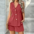 thumbnail image 4 of Prolriy Button down V Neck, Women's 2 Piece Summer Outfits for Women Tank Top with Shorts Sets Beach Vacation Outfits Matching Sets Women Clothing Red XL, 4 of 7