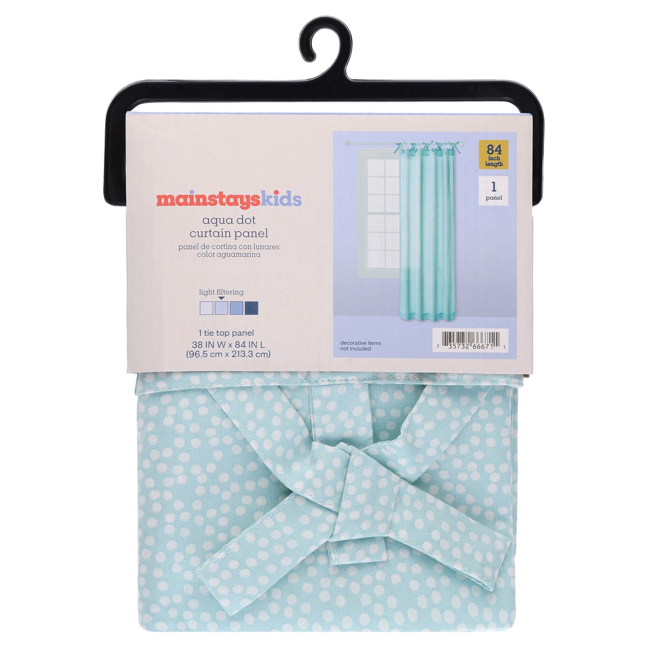 Mainstays Kids Aqua Blue Dotted Light Filtering Tie Top Single Curtain Panel, 38" W x 84" L