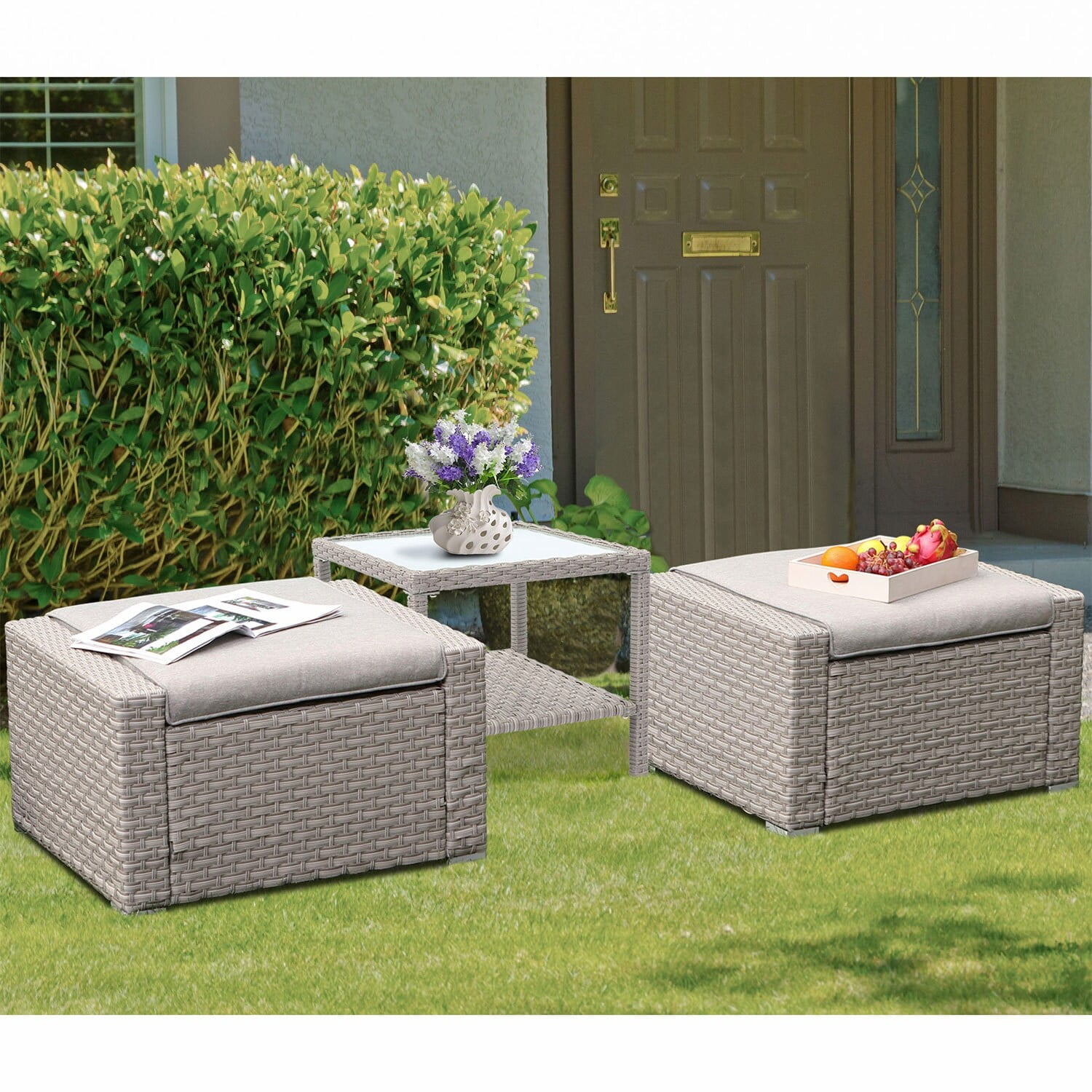 COSIEST Outdoor Wicker Ottomans with Side Table - Walmart.com