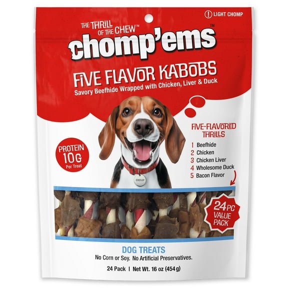 Chomp 'ems Five Flavor Kabobs Dog Treats - Beefhide Chewstick - High Protein Dog Chews, 24 Count