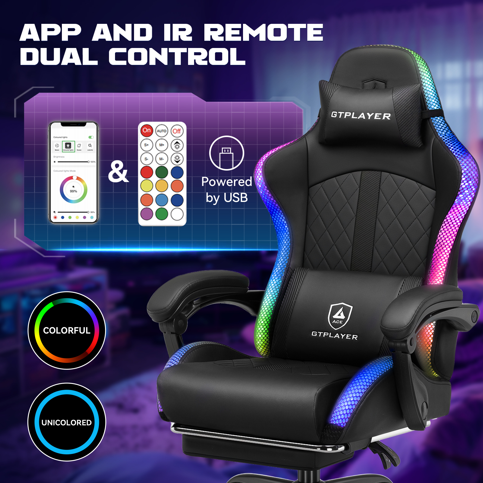 GTPLAYER RGB Gaming Chair with Speakers, Computer Gamer Chair with Footrest and LED Lights, Black