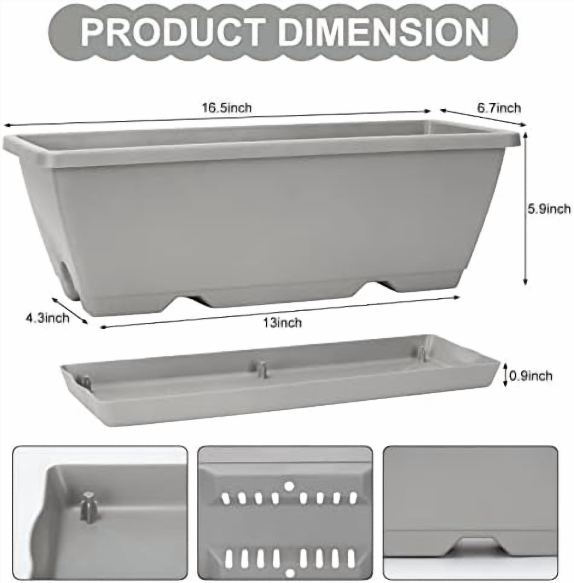 Window Box Planter, 6 Packs 17 Inches Rectangle Planters Box with Drainage Holes and Trays, Vegetable Planters for Windowsill Patio Garden Home Decor Porch Yard Light Gray