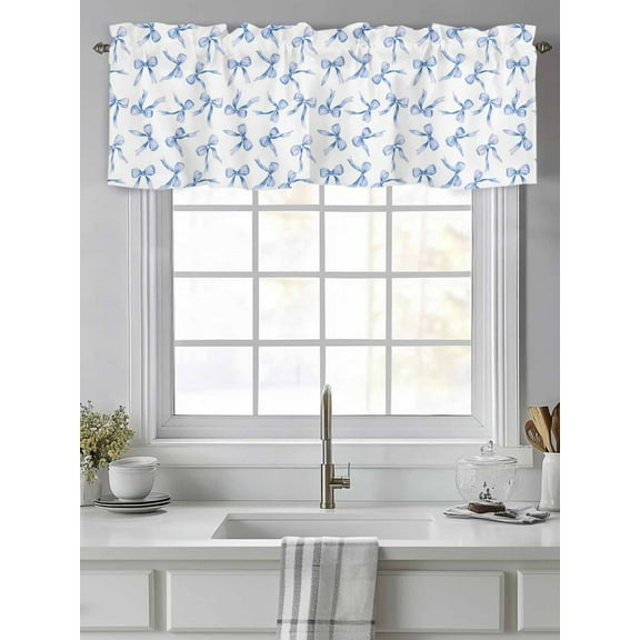 Curtain Valance for Windows,Watercolor Blue Bow Kitchen Valances Rod Pocket Short Curtains,Romantic Style Window Treatment Panel for Bedroom Bathroom 42"x12"