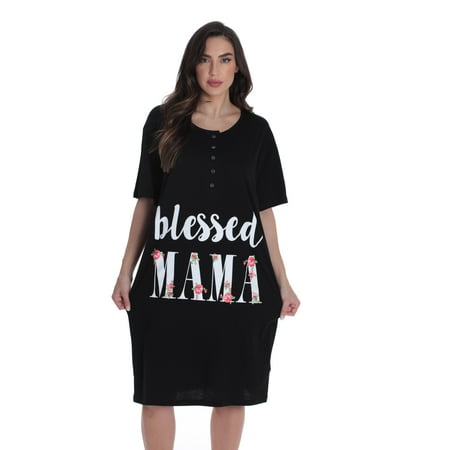 Just Love Short Sleeve Nightgown Sleep Dress for Women (Black - Blessed Mama X-Large)