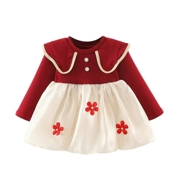 Zwiiyzr 8M-4T Infant Baby Girls Tutu Dress Kids Long Sleeve Floral Spliced Tulle Dress Toddler Birthday Party A-Line Princess Gown Red
