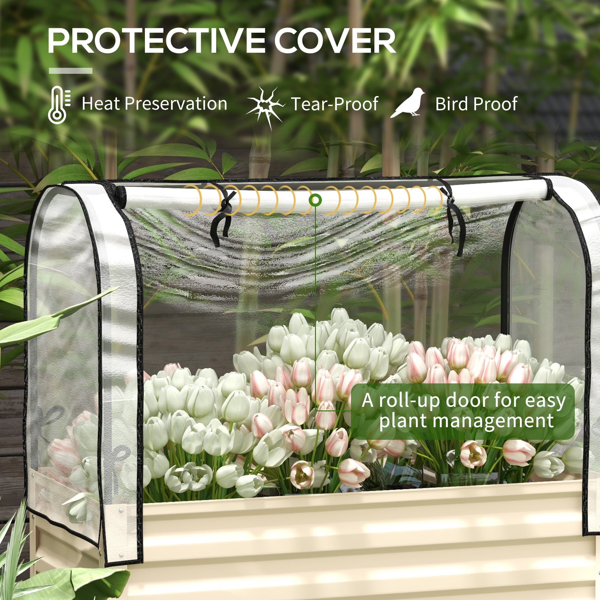 Outsunny Raised Garden Bed with Cover and Storage Shelf, Rectangular Metal Elevated Planter Box with Legs and Bed Liner, Cream