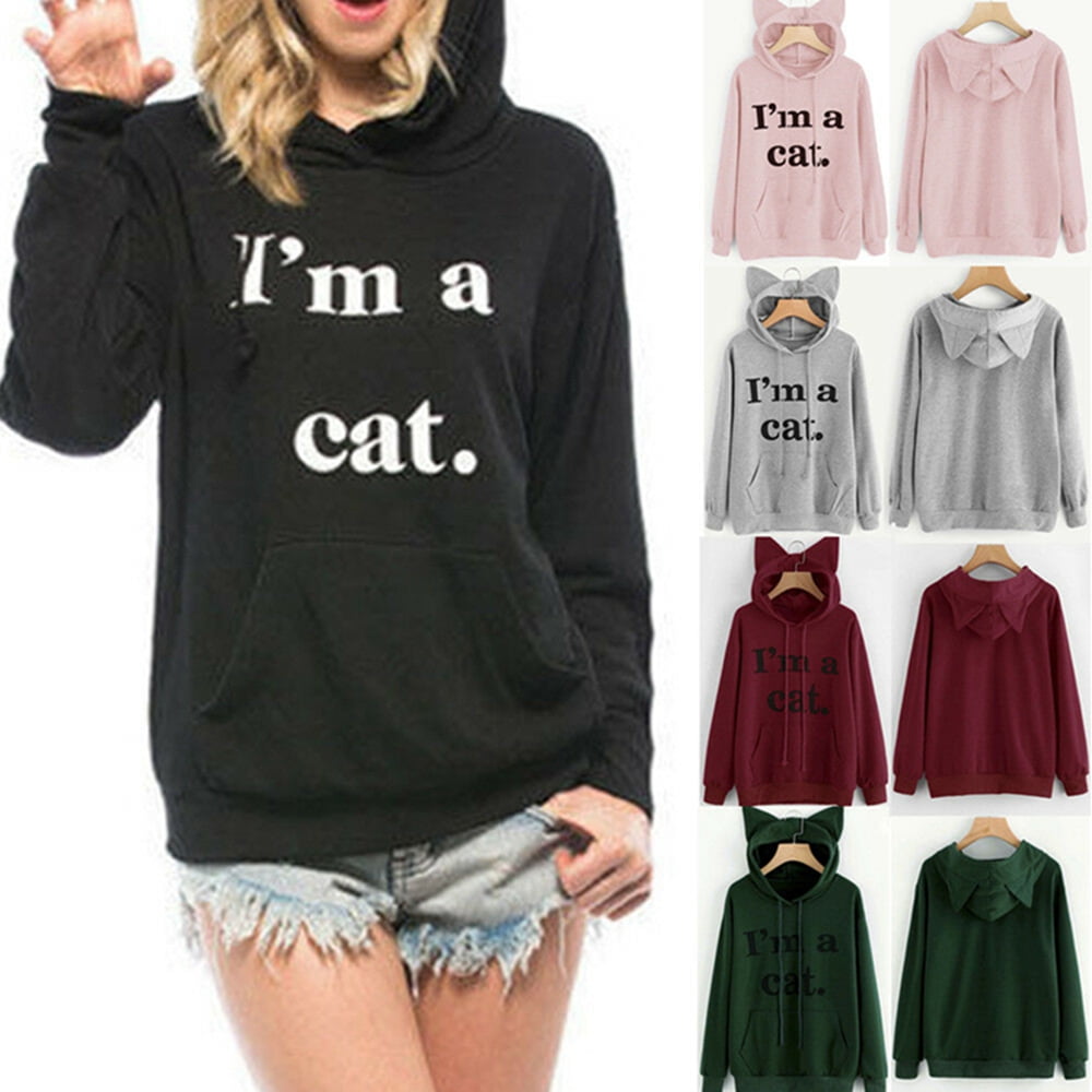 FOCUSNORM - Women Girls Casual Cat Top Pullover Hooded Sweatshirt ...