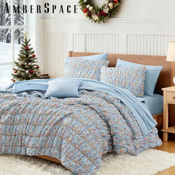 Amberspace Puff 7-piece Bed in a Bag Comforter Set with Sheets,Marigold,Queen