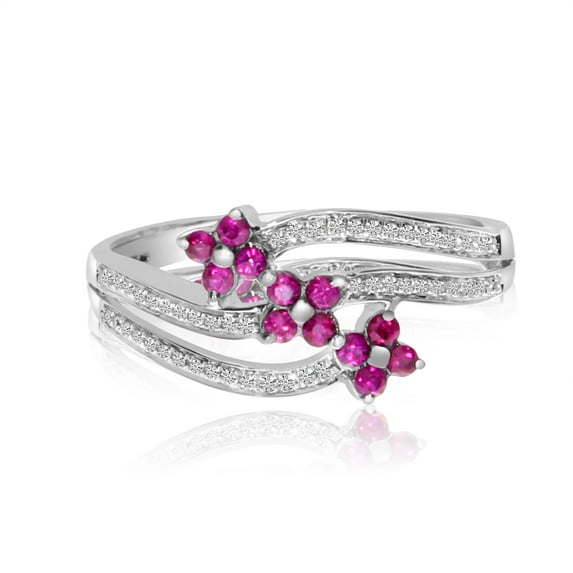 14k White Gold Ruby and Diamond Flower Ring