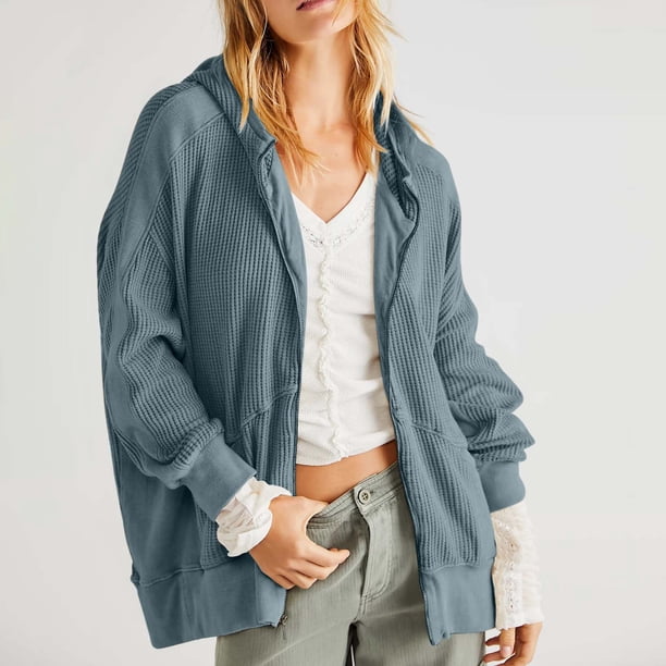 Chaqueta vaquera de manga larga con capucha para mujer, abrigo holgado y cómodo con bolsillos, cárdigan con cremallera y capucha