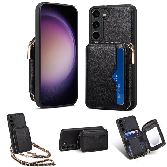 Nalacover for Samsung Galaxy S22 Crossbody Wallet Case for Women Men,Premium PU Leather Zipper Pocket ID Credit Card Slots Kickstand Phone Case with Removable Metal Shoulder Strap,Black