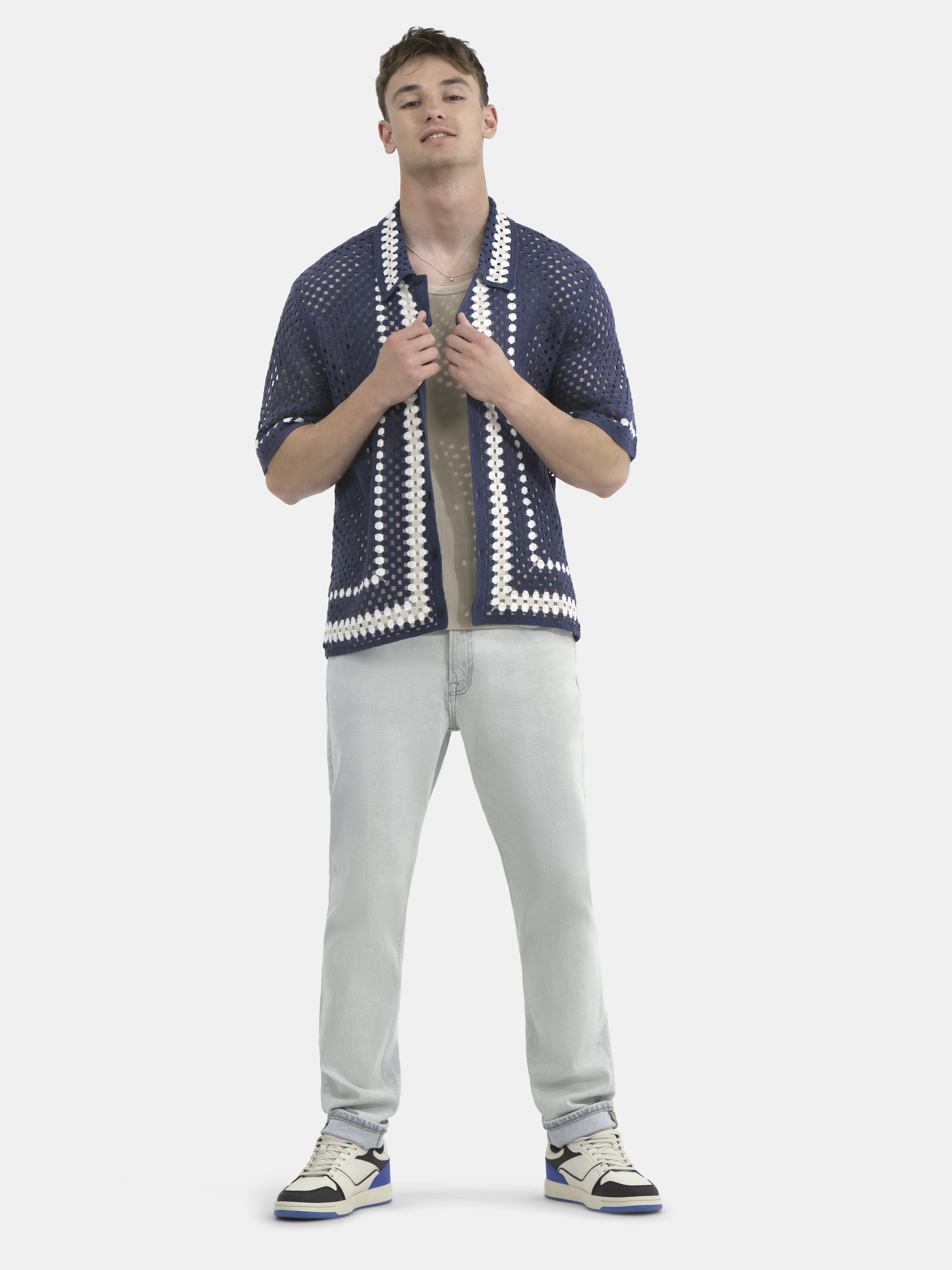 No Boundaries Faux Crochet Button-Up Polo Shirt, Men's and Big