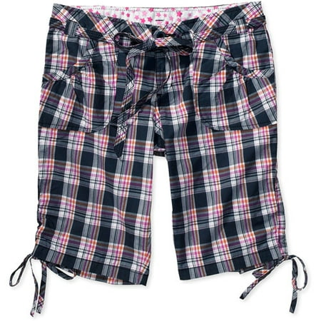 No Boundaries - Juniors' Plaid Cinched Bermuda Shorts