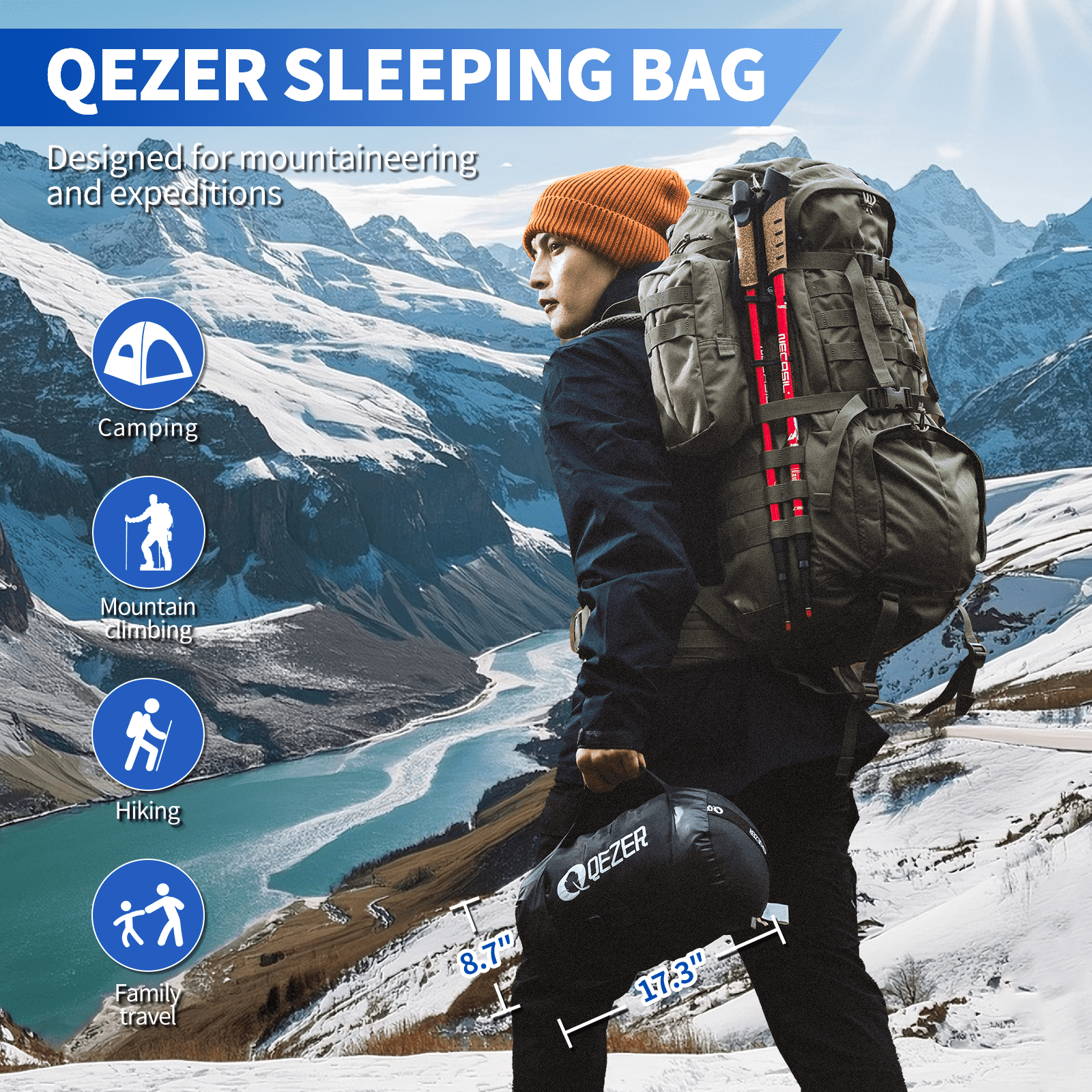 QEZER 0℉ Warm Down Sleeping Bag for Extreme Cold Weather Survival w/Compression Sack