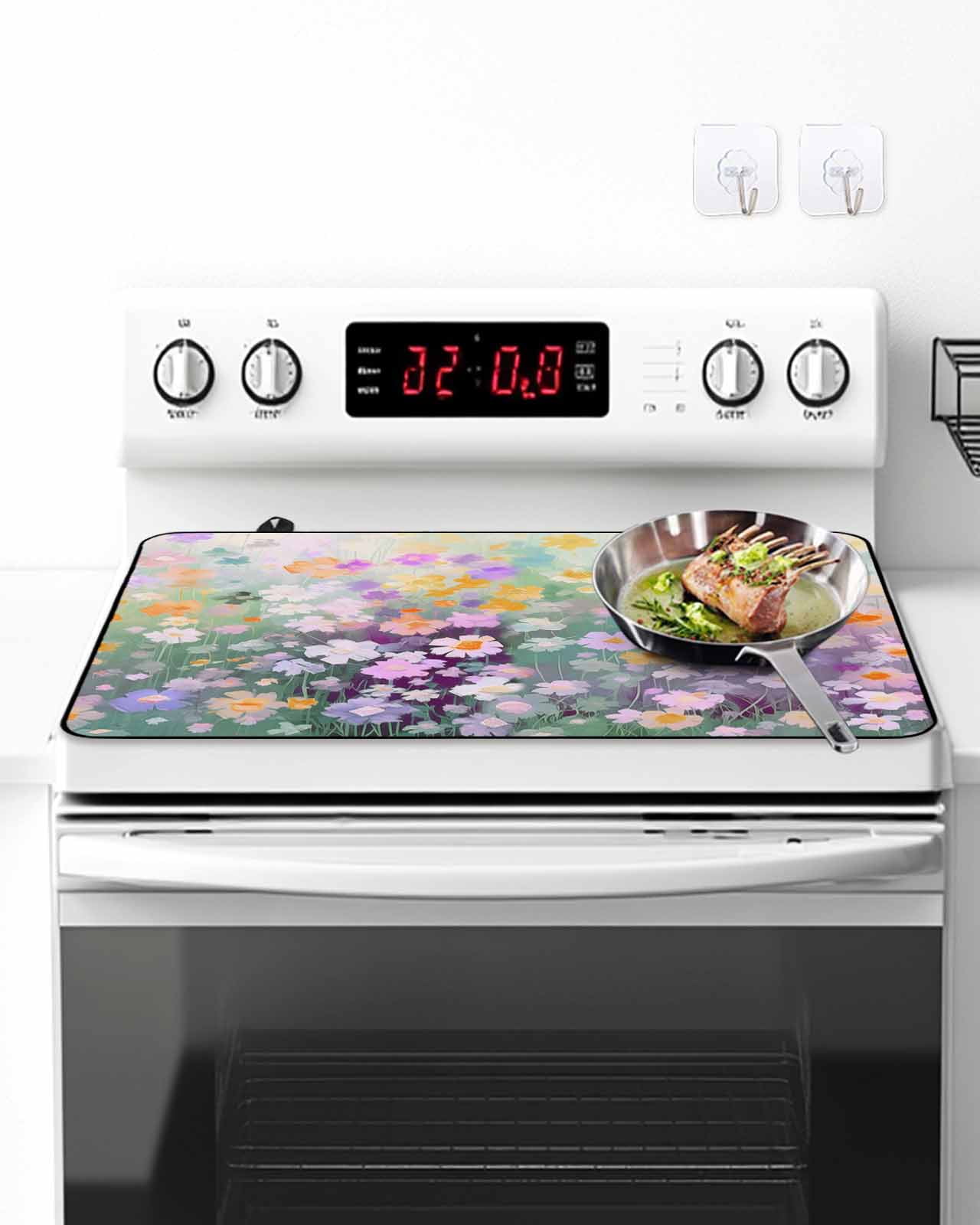 Stove Top Covers for Electric Stove, Teal Spring Floral Glass Stovetop Cover Protector, Modern Oil Painted Daisy Botanical Induction Cooktop Protector Oven Mat for Kitchen Countertop 24"x21"