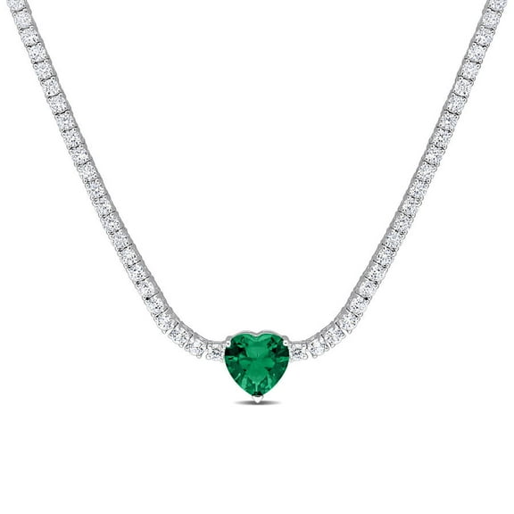 AMOUR 18 CT TGW Heart Shaped Green Cubic Zirconia and Created White Sapphire Tennis Necklace In Sterling Silver