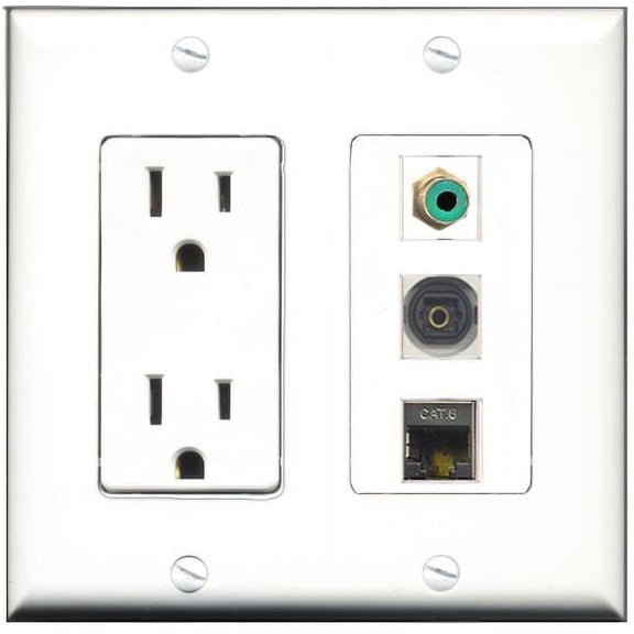 RiteAV - 15 Amp Power Outlet 1 Port RCA Green 1 Port Shielded Cat6 Ethernet Ethernet 1 Port Toslink Decorative Wall Plate