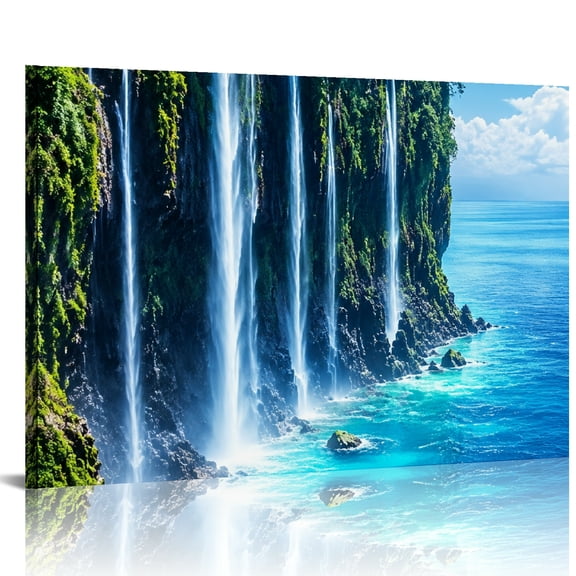FCXZI Coastal Cliff Waterfall Canvas Wall Art Ready to Hang for Living Room Bedroom 24x16in