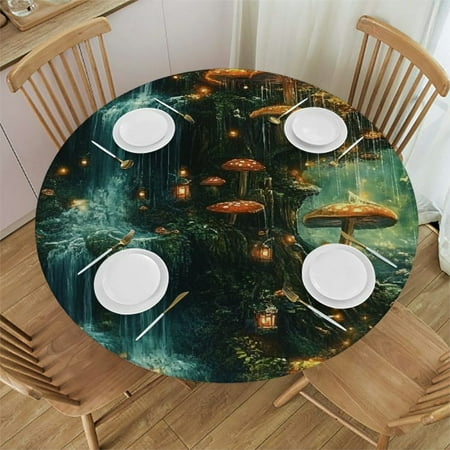 

Autua Mushrooms Round Tablecloth Stain-Resistant 100% Polyester Fiber for Home Kitchen/Parties/Holiday Dinner with Elastic Edge 54 -58