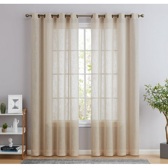 THD Serena Faux Linen Textured Semi Sheer Privacy Light Filtering Transparent Window Grommet Thick Curtains Drapery Panels for Bedroom & Living Room, 2 Panels