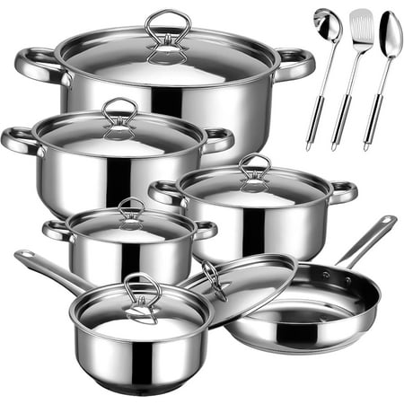Cookware Set - 15 Piece 3-ply Base Stainless Steel Cookware Set, Includes 6 Pots and Pans, 6 Lids and 3 Utensils, Fixed Handles, Induction Safe and Dishwasher Safe