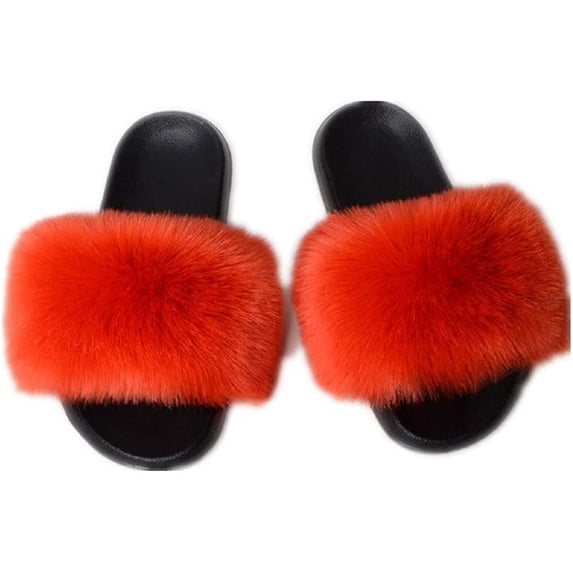 Women Fur Slides Sandal with Soft Furry Faux Fox Fur Lovely House Outdoor Slippers for Ladies Multicolor