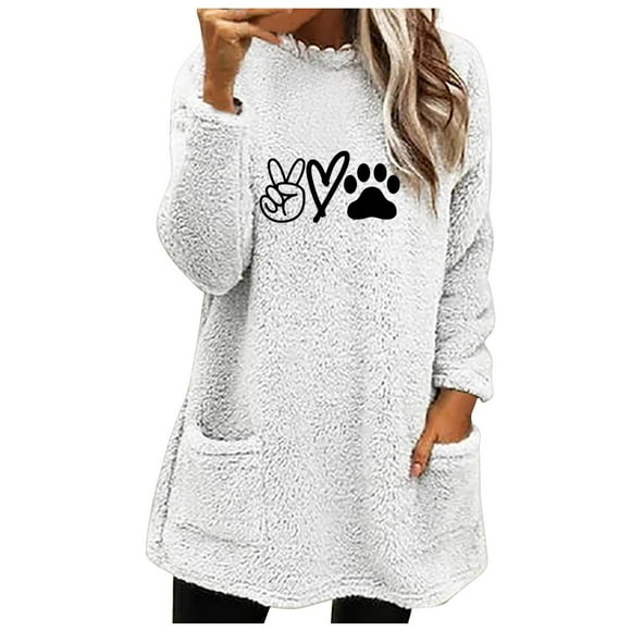 Virmaxy Fall Winter Mid-Length Sherpa Fleece Coat for Women Love Cat's Paw Printed Fuzzy Thicken Blouse Tops Long Sleeve Pullover Shirt Crew Neck Loose Plush Sweatshirt with Pocket White-A S