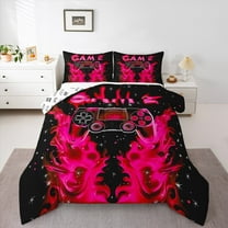 Manfei Game Repeat Bedding Comforter Set for Teen, Black Pink Game Console Twin Comforter Sets, Cartoon Flame Gamepad Reversible Bedding Set, Luxury Bedroom Decor, 2 Pieces