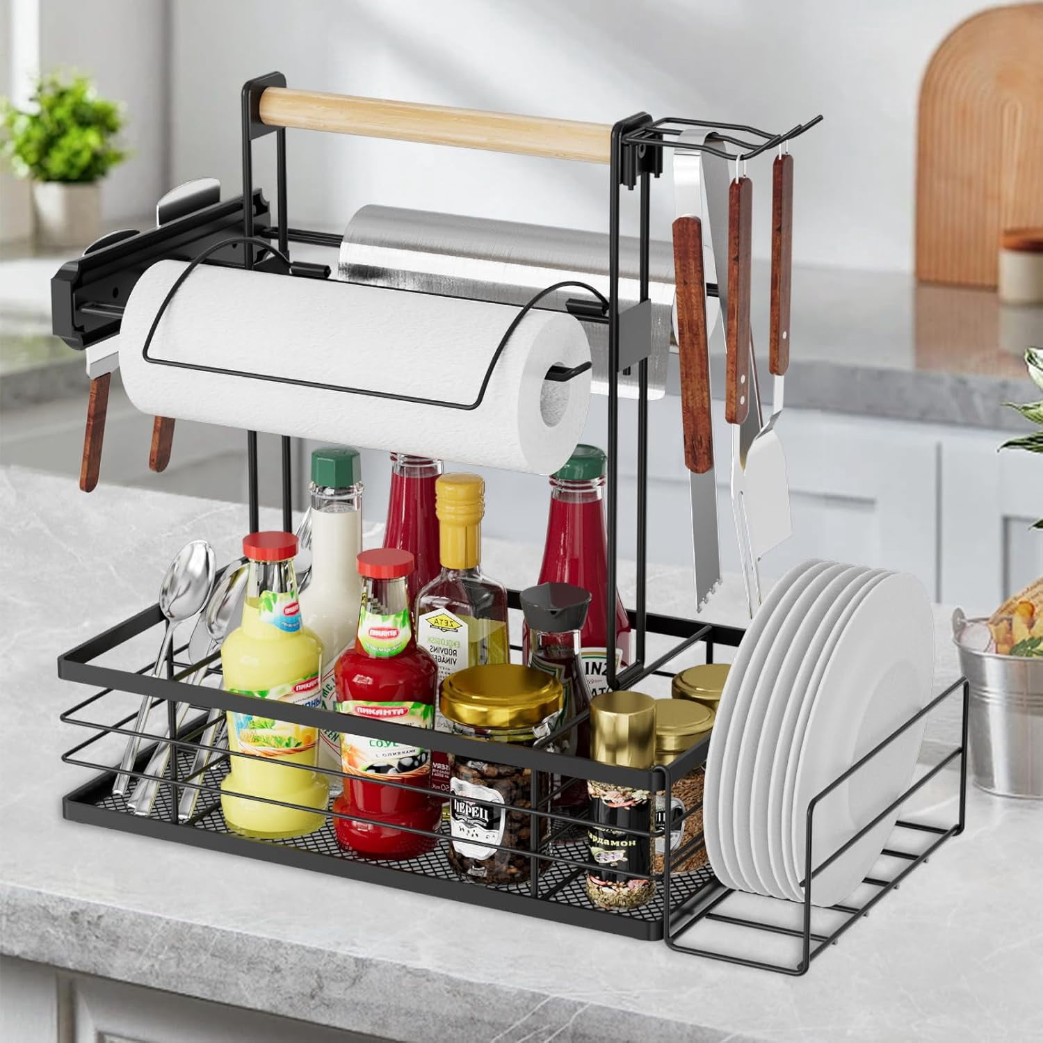 NEYCIL Grill Caddy with Magnetic Tool & Paper Towel Holders, Barbecue Grill Tool Organizer for Outdoor Camping, Cooking, Camper