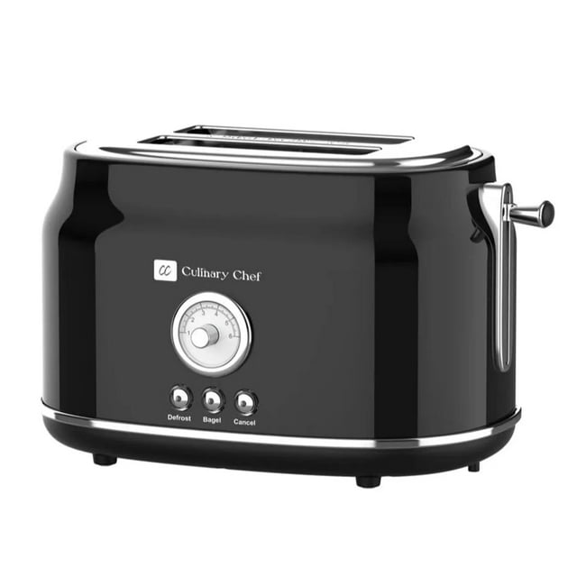 Culinary Chef Retro 2-Slice Toaster – Wide Slots, 5 Shade Settings, Bagel, Defrost & Cancel Functions – 900W – Black
