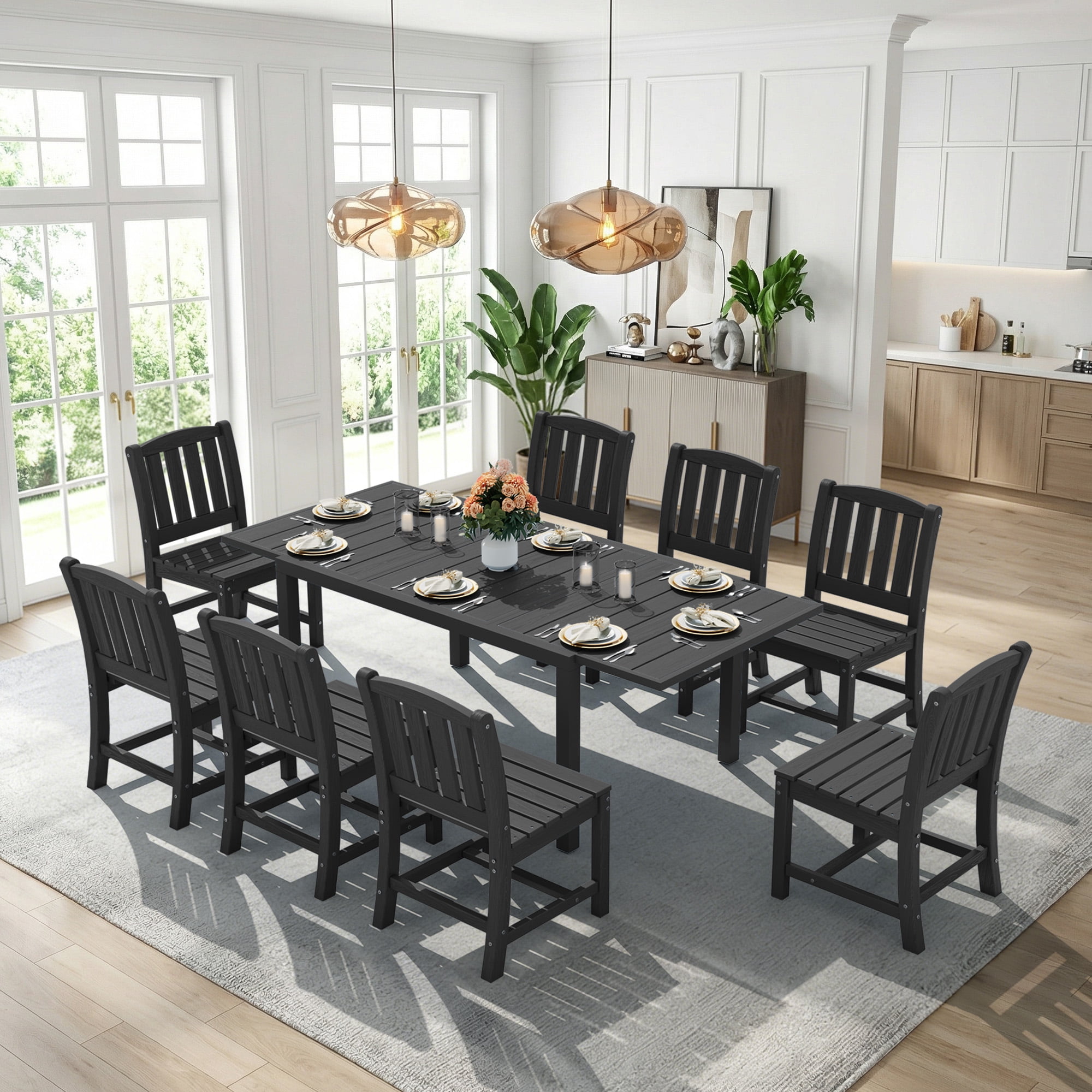 SERWALL 9-Piece Outdoor Dining Set with Expandable Patio Dining Table and 8 Chairs, 60–83 Inch All-Weather HDPE Patio Furniture Sets for Backyard, Garden, Deck, Poolside - Black