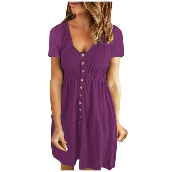 Wycnly Formal Dresses for Women Elastic Waist Button Down Smocked Tunic Tshirt Dress V-Neck Short Sleeve Solid 2025 Summer Mini Dresses Purple l
