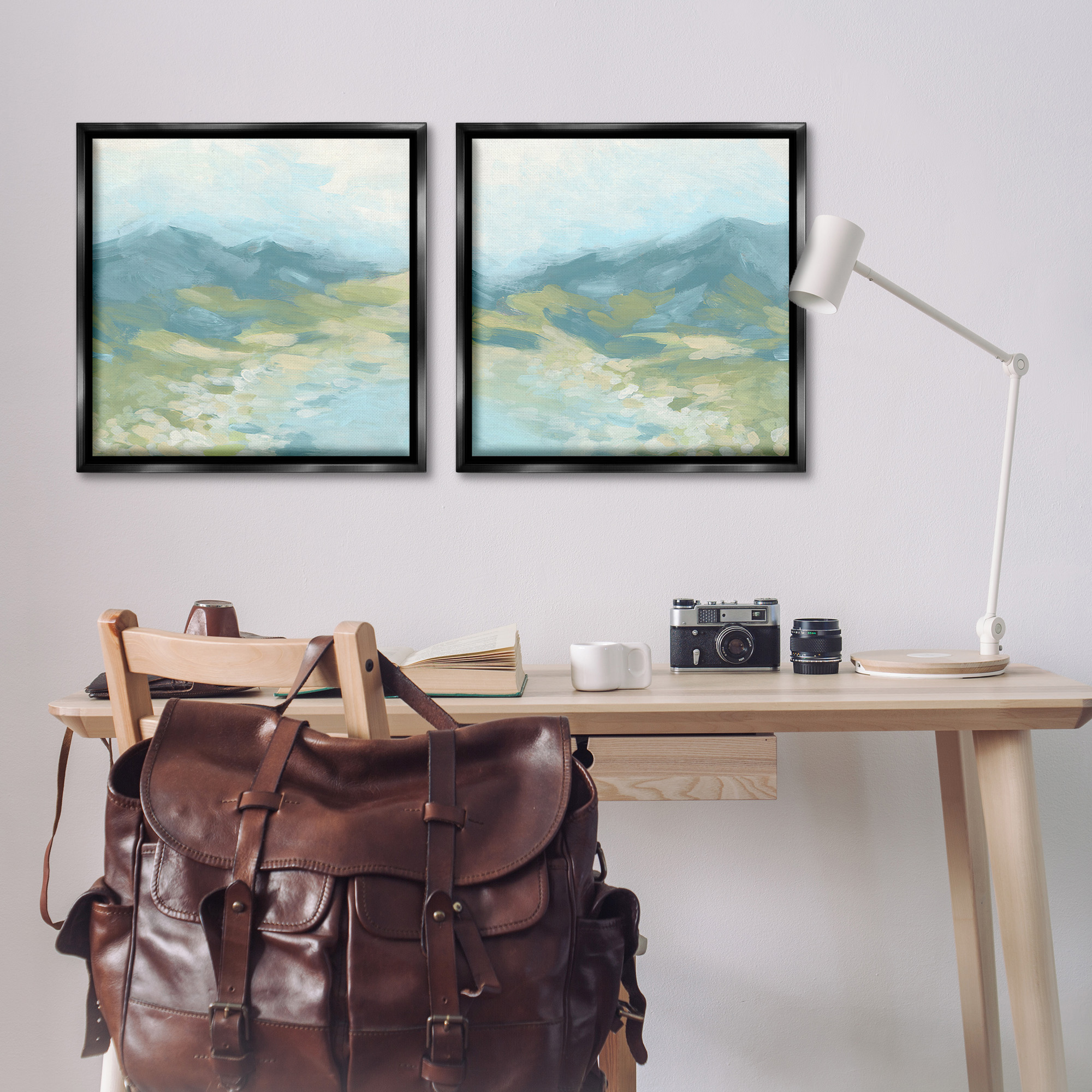 Stupell Industries Foggy Mountain Pond Landscape Painting Black Floater Framed Canvas Art Print Wall Art, 25 x 25, Set of 2