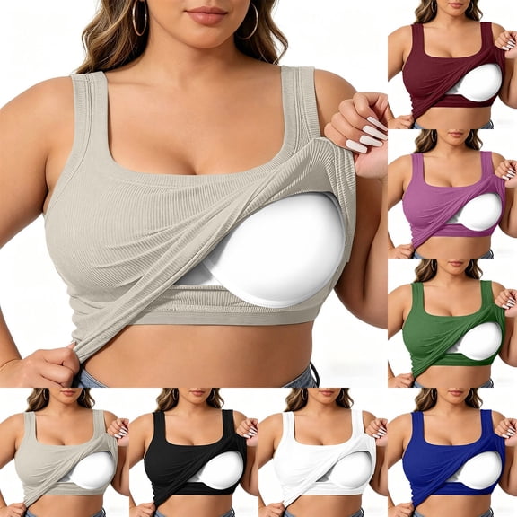 Ankola Plus Size Women Ribbed Tank Top Front Lift Built-in Padded Bra Sleeveless Camisole