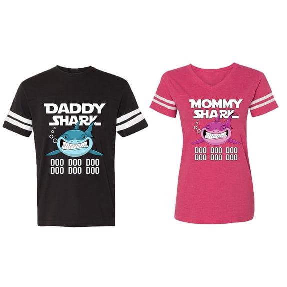 Dady Mama Shark Matching Couple Cotton Jerseys (Men Black / Women Pink) (Men S / Women L)