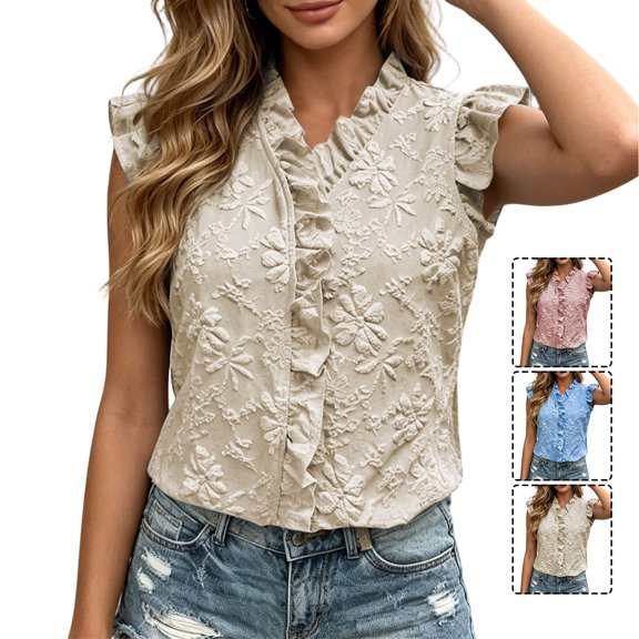TGSLY Women's Floral Embroidered Tank Tops Dressy Casual V Neck Ruffle Trim Sleeveless Shirts Loose Fit Boho Solid Color Vest L