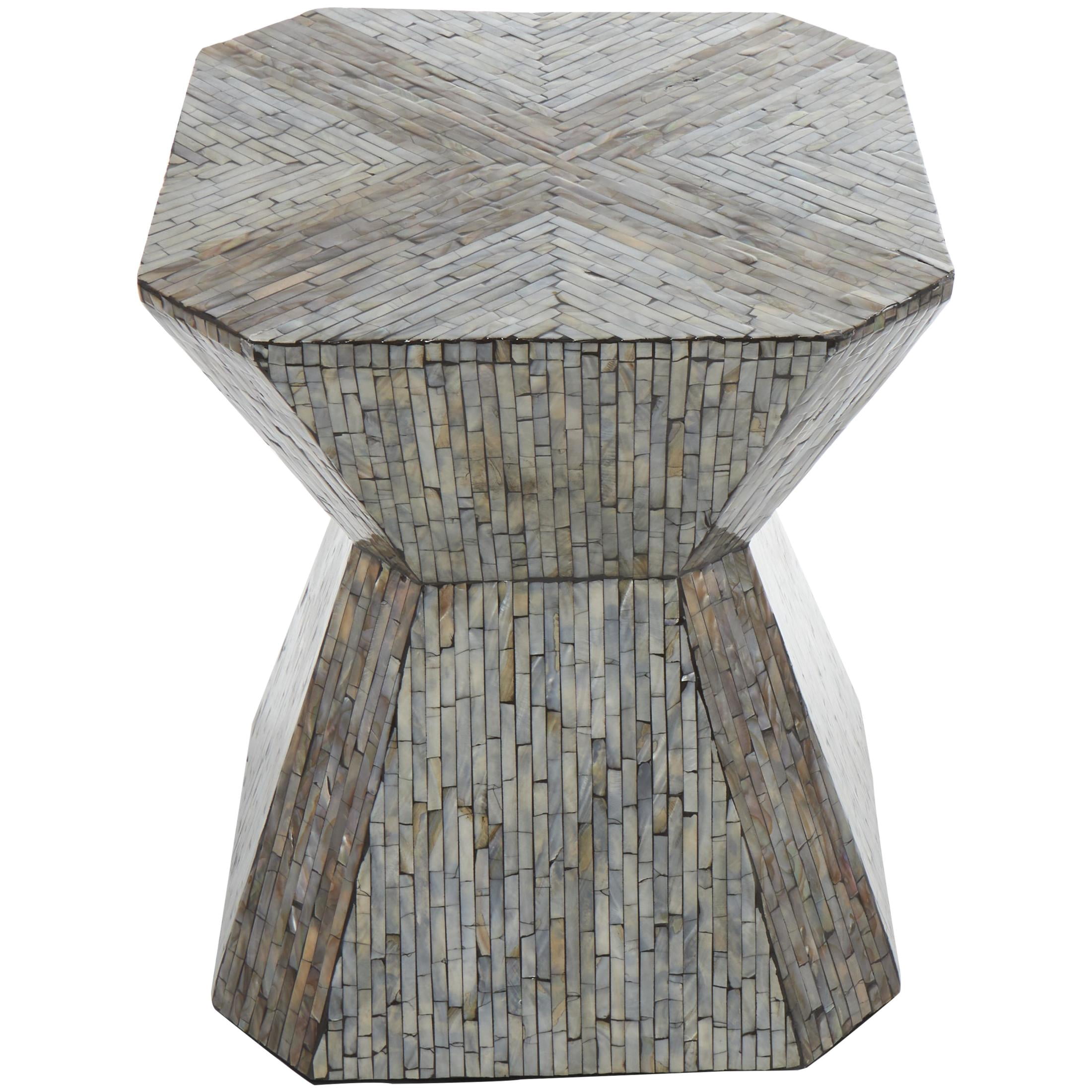 DecMode 16" x 20" Gray Mother of Pearl Shell Handmade Hourglass Geometric Accent Table with Linear Mosaic Pattern, 1-Piece